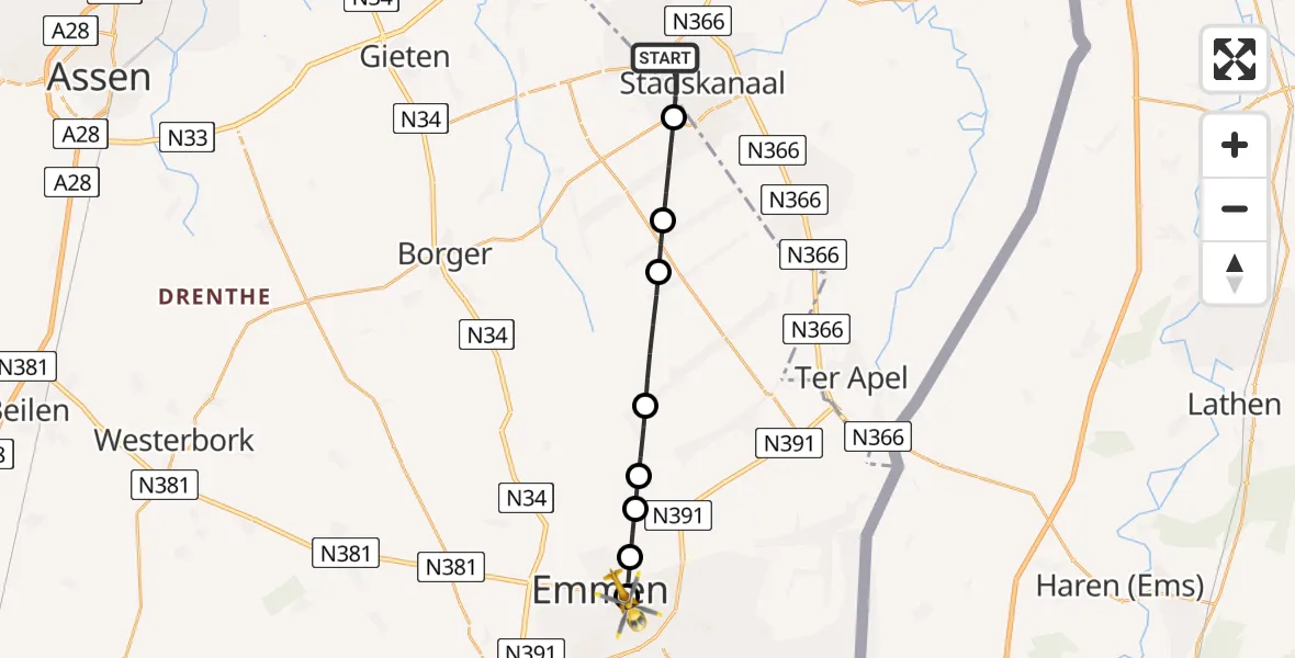 Vluchtroute Traumahelikopter van Stadskanaal naar Scheper Ziekenhuis Helipad