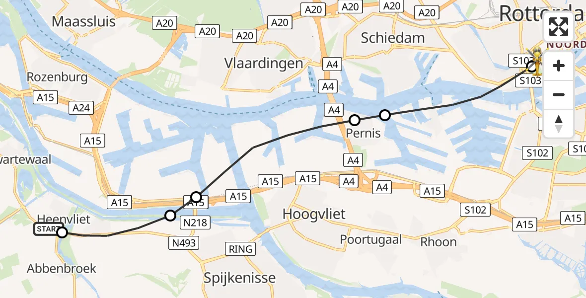 Vluchtroute Traumahelikopter van Heenvliet naar Erasmus MC