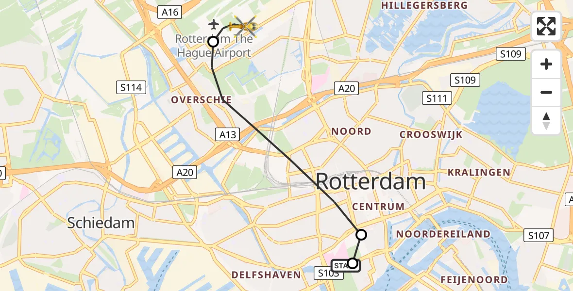 Vluchtroute Traumahelikopter van Erasmus MC naar Rotterdam The Hague Airport