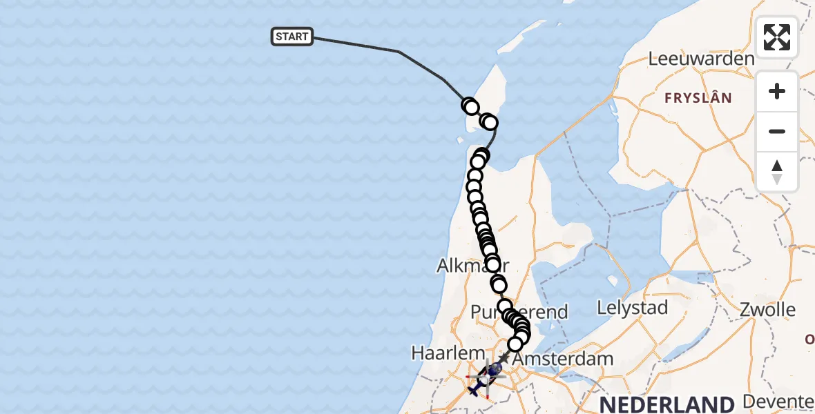 Vluchtroute Politiehelikopter van Noordzee naar Amsterdam Vliegveld Schiphol