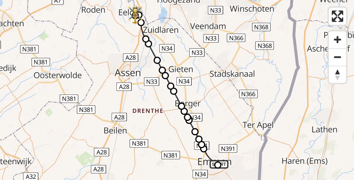 Vluchtroute Traumahelikopter van Scheper Ziekenhuis Helipad naar Groningen Airport Eelde