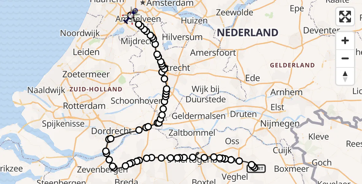 Vluchtroute Politiehelikopter van Vliegbasis Volkel naar Amsterdam Vliegveld Schiphol