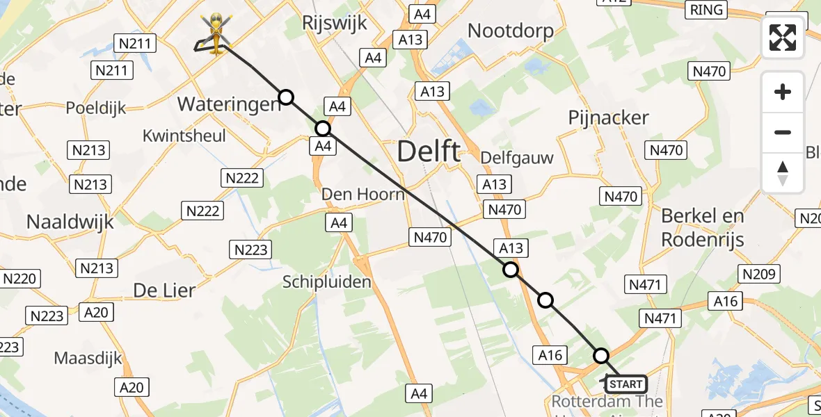 Vluchtroute Traumahelikopter van Rotterdam The Hague Airport naar Den Haag