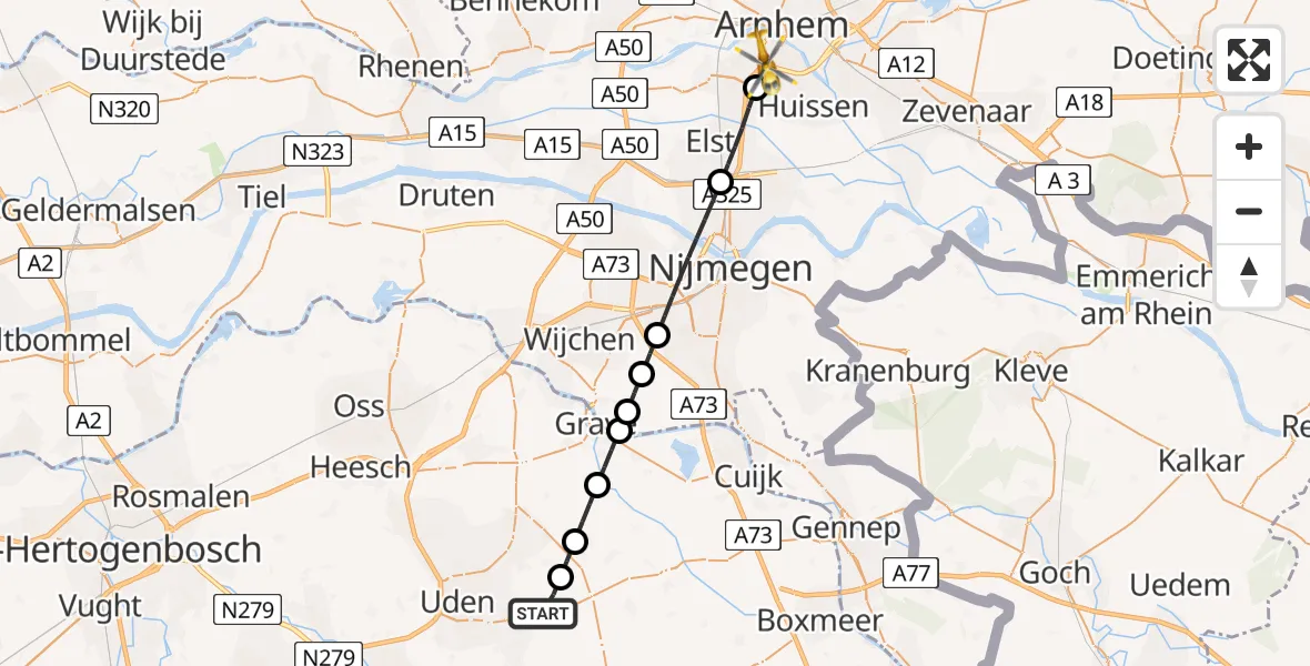 Vluchtroute Traumahelikopter van Vliegbasis Volkel naar Arnhem
