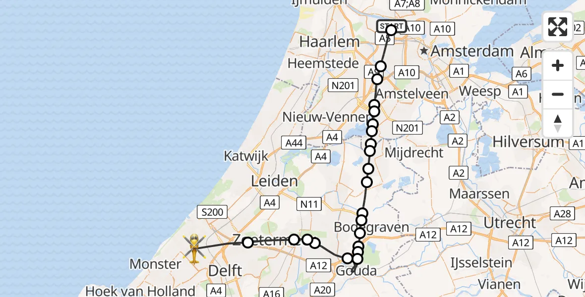 Vluchtroute Traumahelikopter van Amsterdam Heliport naar Den Haag