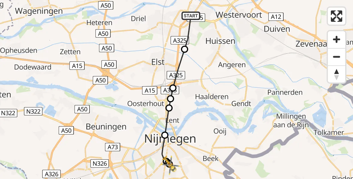 Vluchtroute Traumahelikopter van Arnhem naar Radboud University Medical Center Heliport