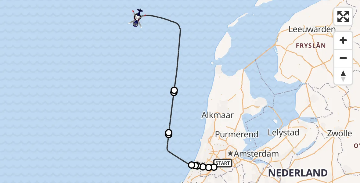 Vluchtroute Politiehelikopter van Amsterdam Vliegveld Schiphol naar K15-FB-1 Heliport