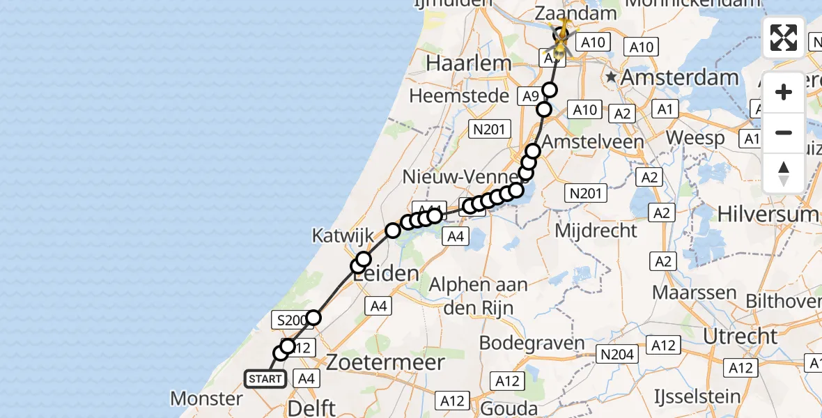 Vluchtroute Traumahelikopter van Den Haag naar Amsterdam Heliport