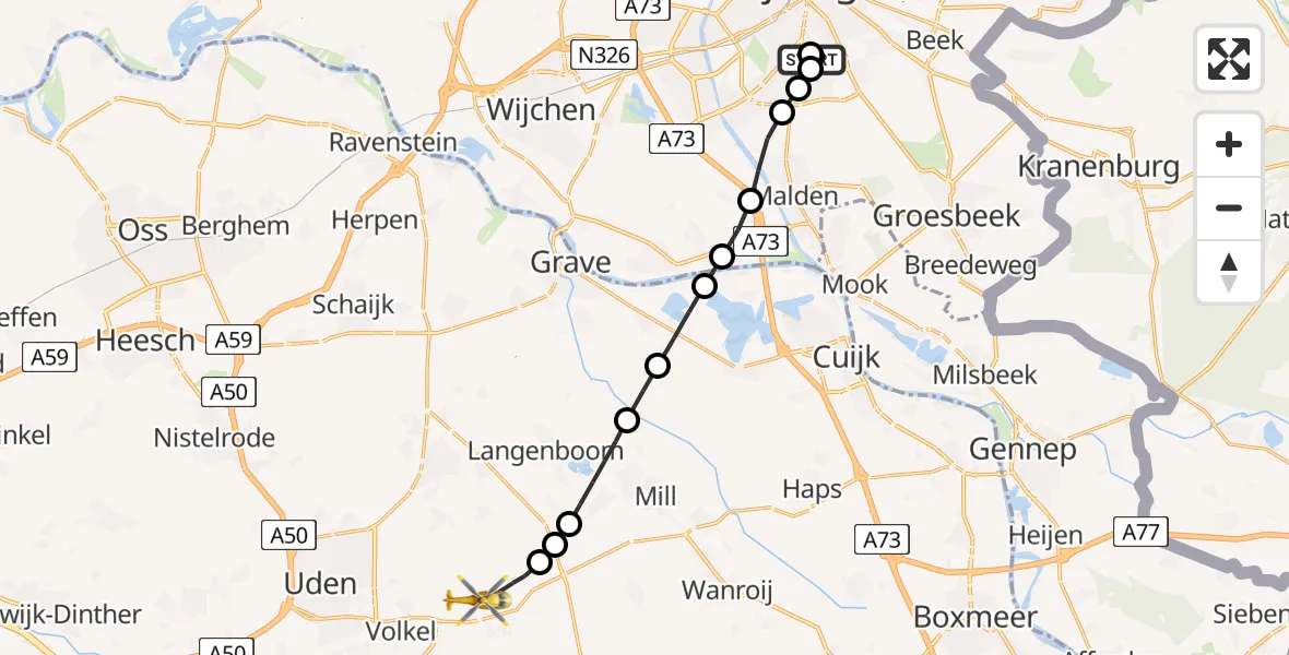 Vluchtroute Traumahelikopter van Radboud Universitair Medisch Centrum naar Vliegbasis Volkel