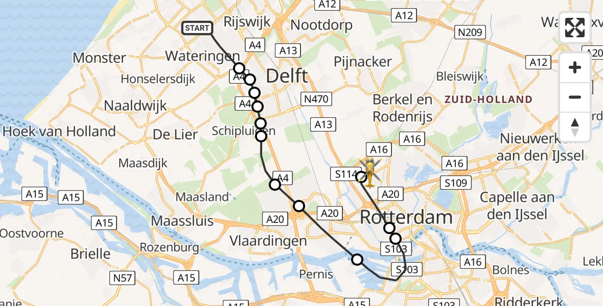 Vluchtroute Traumahelikopter van Den Haag naar Rotterdam The Hague Airport