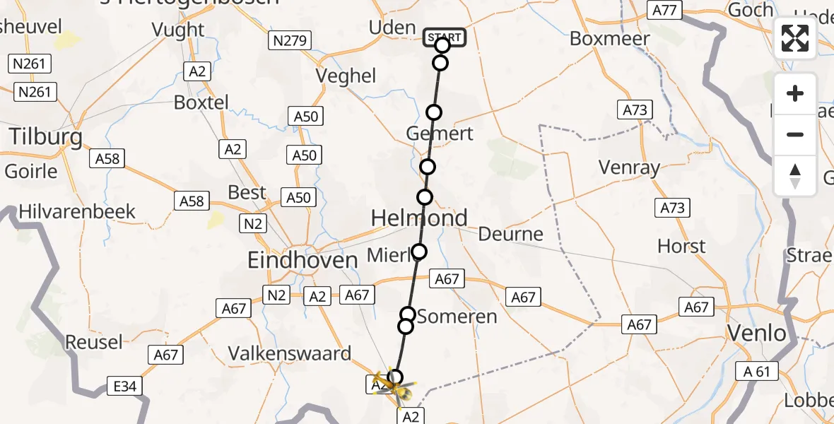 Vluchtroute Traumahelikopter van Vliegbasis Volkel naar Maarheeze