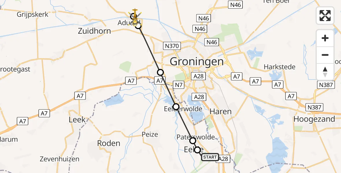 Vluchtroute Traumahelikopter van Groningen Airport Eelde naar Den Ham