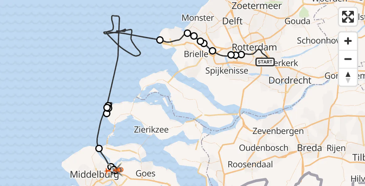 Vluchtroute Kustwachthelikopter van Rotterdam naar Arnemuiden