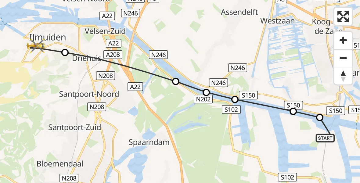 Vluchtroute Traumahelikopter van Amsterdam Heliport naar IJmuiden