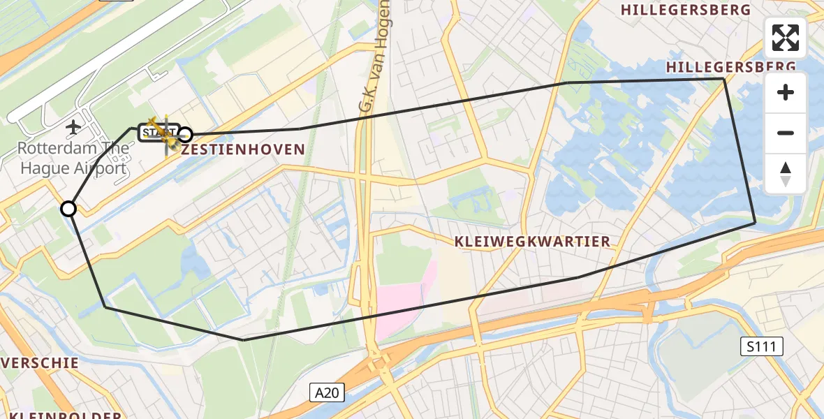 Vluchtroute Traumahelikopter van Rotterdam The Hague Airport naar Rotterdam The Hague Airport