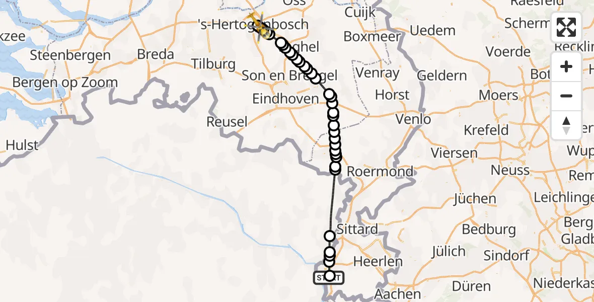 Vluchtroute Traumahelikopter van Maastricht UMC+ naar 's-Hertogenbosch