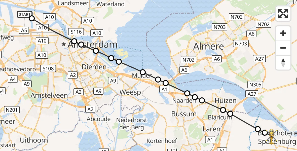 Vluchtroute Traumahelikopter van Amsterdam Heliport naar Bunschoten-Spakenburg