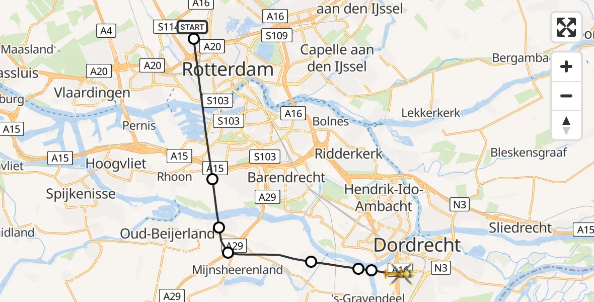 Vluchtroute Traumahelikopter van Rotterdam The Hague Airport naar Dordrecht
