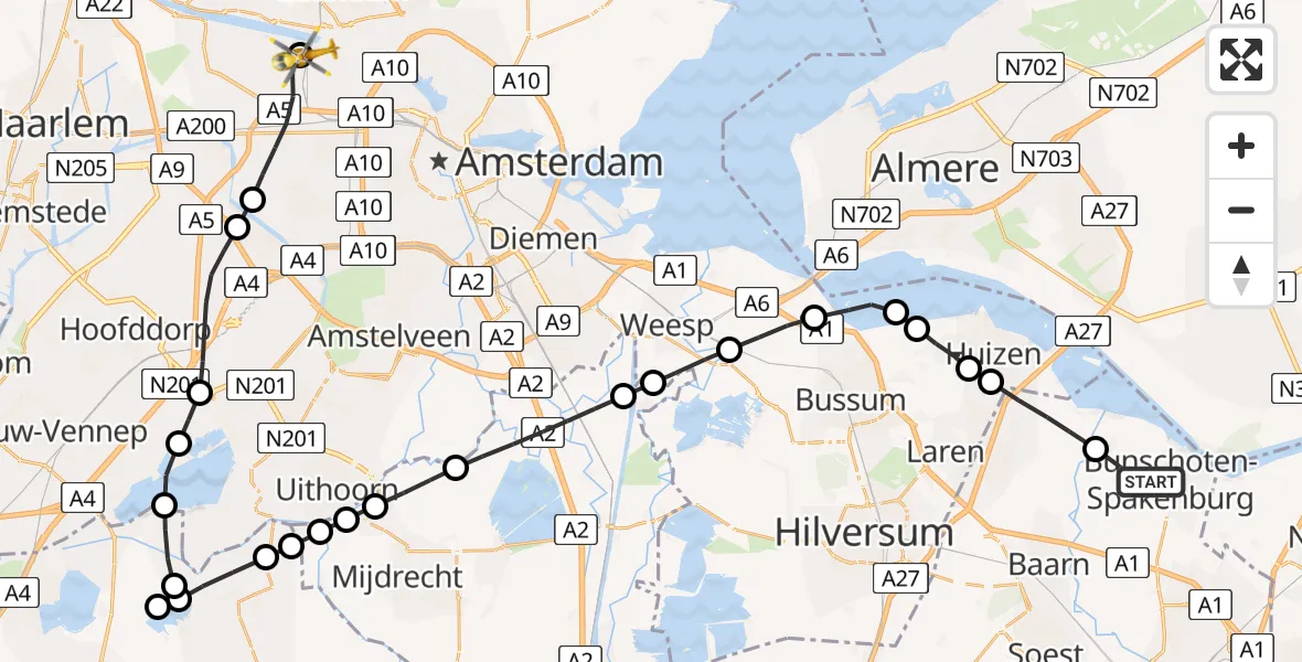 Vluchtroute Traumahelikopter van Bunschoten-Spakenburg naar Amsterdam Heliport