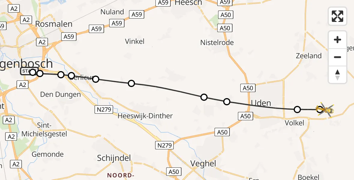 Vluchtroute Traumahelikopter van 's-Hertogenbosch naar Vliegbasis Volkel