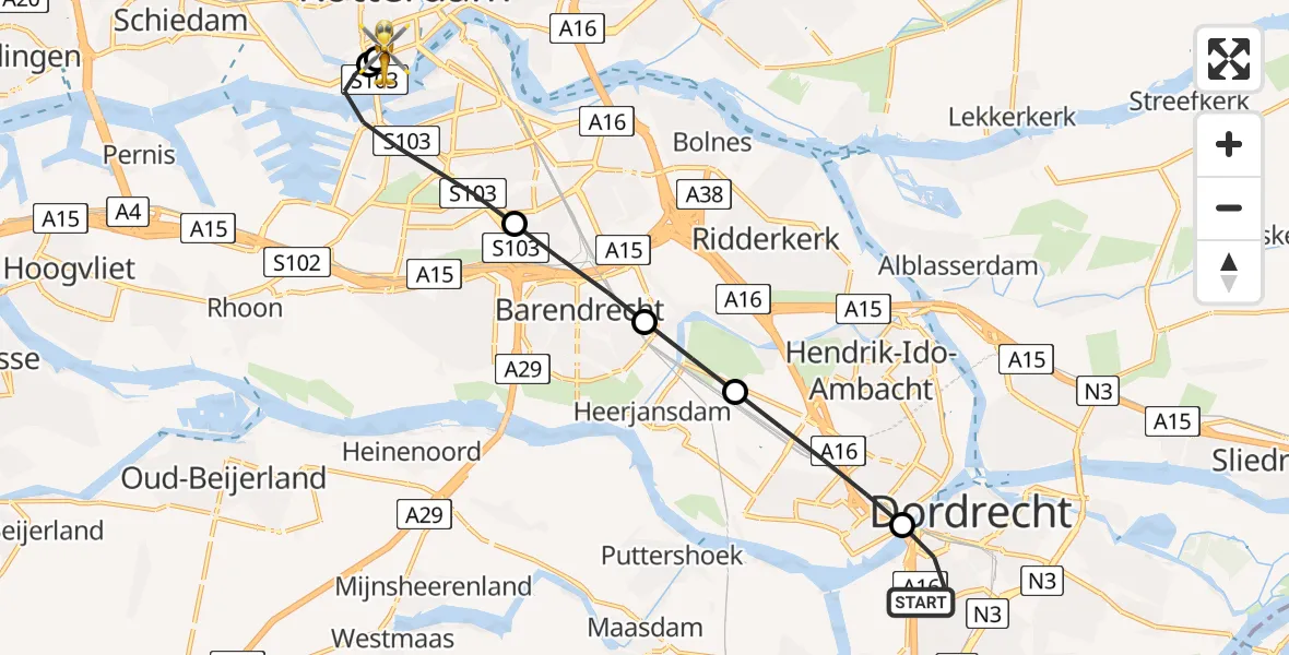 Vluchtroute Traumahelikopter van Dordrecht naar Erasmus MC