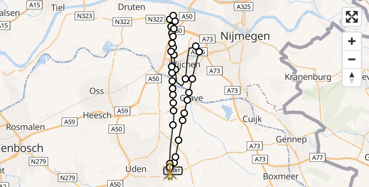 Vluchtroute Traumahelikopter van Vliegbasis Volkel naar Vliegbasis Volkel