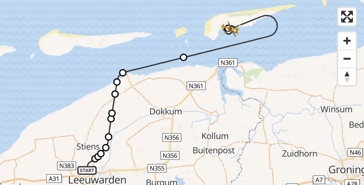 Vluchtroute Ambulancehelikopter van Vliegbasis Leeuwarden naar Schiermonnikoog Heliport
