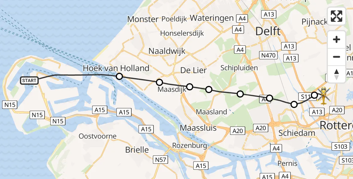 Vluchtroute Traumahelikopter van Rotterdam naar Rotterdam The Hague Airport