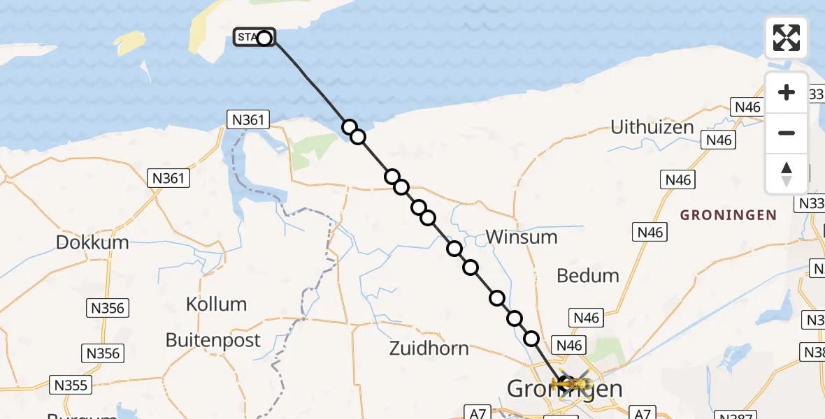 Vluchtroute Ambulancehelikopter van Schiermonnikoog Heliport naar Universitair Medisch Centrum Groningen