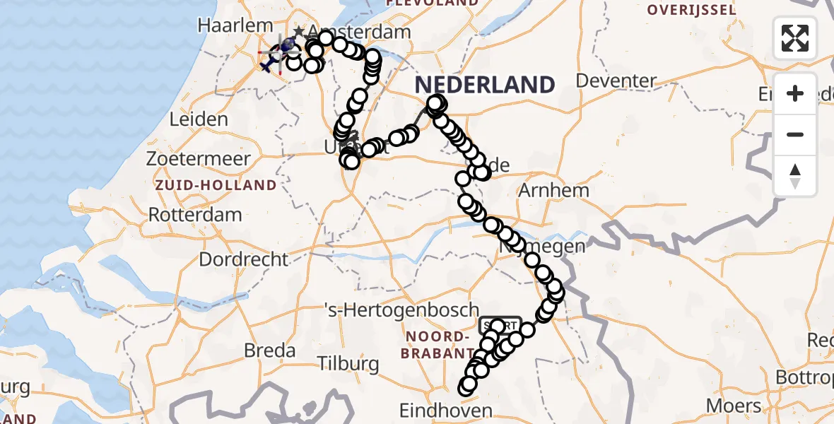 Vluchtroute Politiehelikopter van Vliegbasis Volkel naar Amsterdam Vliegveld Schiphol