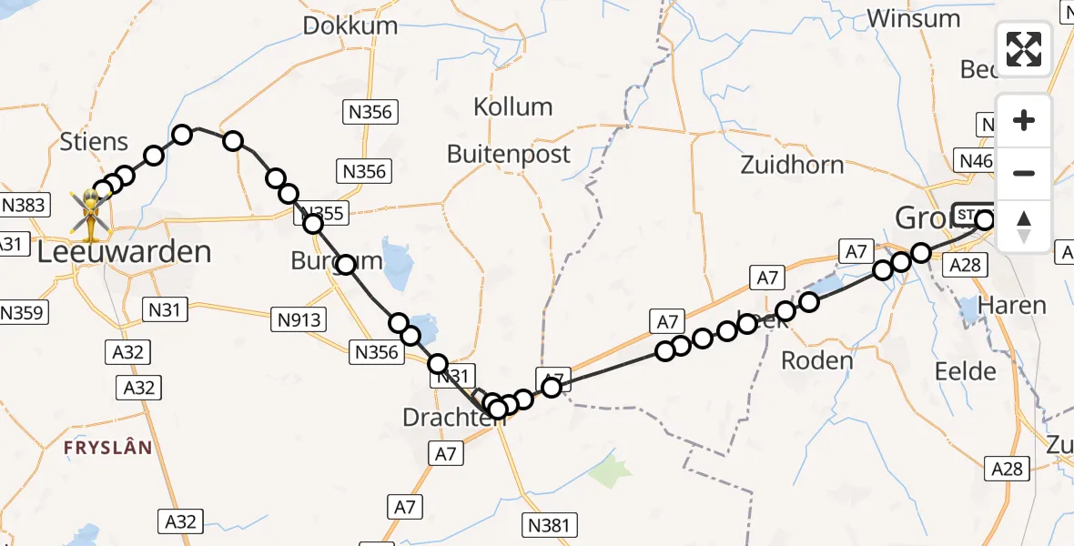 Vluchtroute Ambulancehelikopter van Universitair Medisch Centrum Groningen naar Vliegbasis Leeuwarden