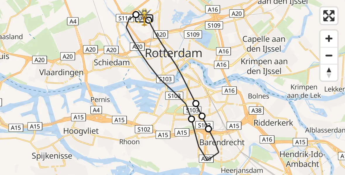 Vluchtroute Traumahelikopter van Rotterdam The Hague Airport naar Rotterdam The Hague Airport
