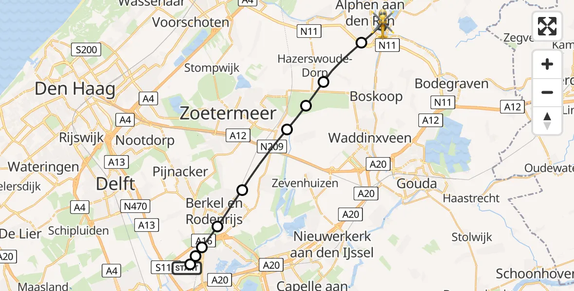 Vluchtroute Traumahelikopter van Rotterdam The Hague Airport naar Alphen aan den Rijn