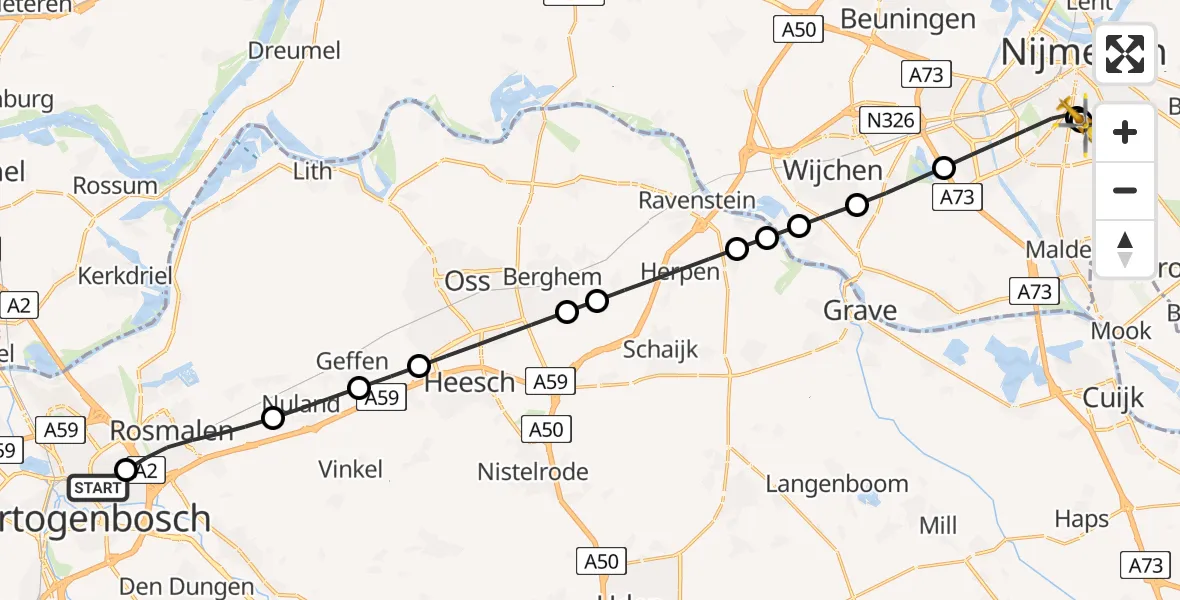 Vluchtroute Traumahelikopter van 's-Hertogenbosch naar Radboud University Medical Center Heliport