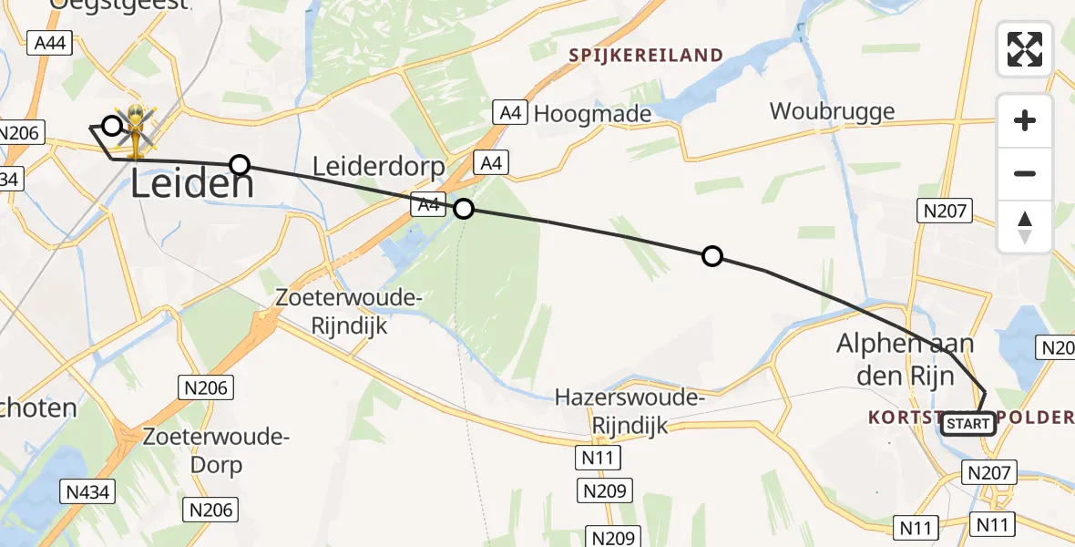 Vluchtroute Traumahelikopter van Alphen aan den Rijn naar Leiden University Medical Center Heliport