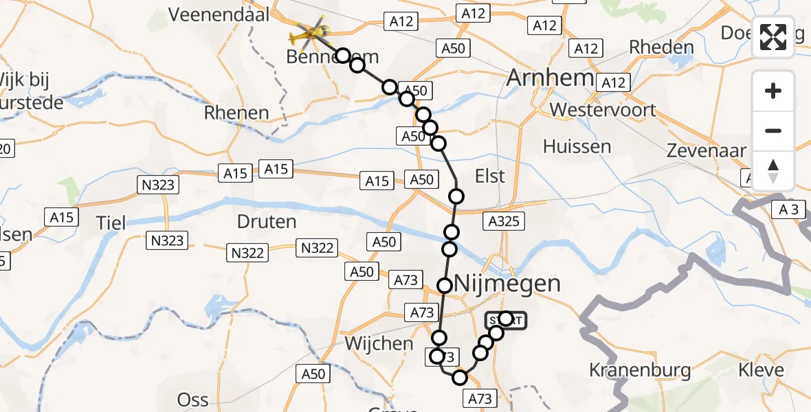 Vluchtroute Traumahelikopter van Radboud Universitair Medisch Centrum naar Bennekom