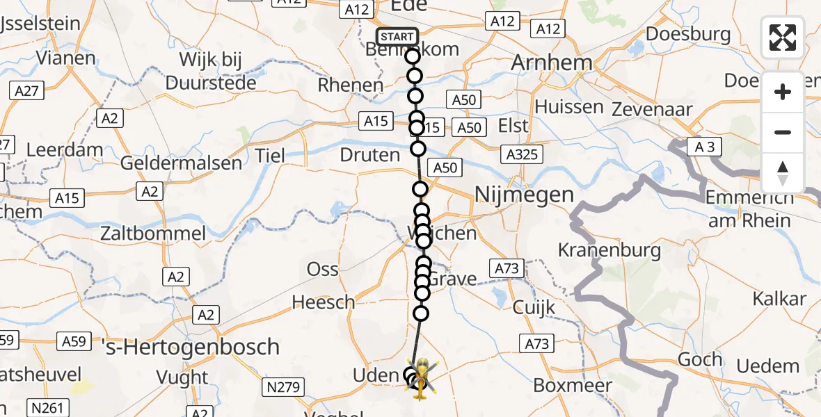 Vluchtroute Traumahelikopter van Bennekom naar Vliegbasis Volkel