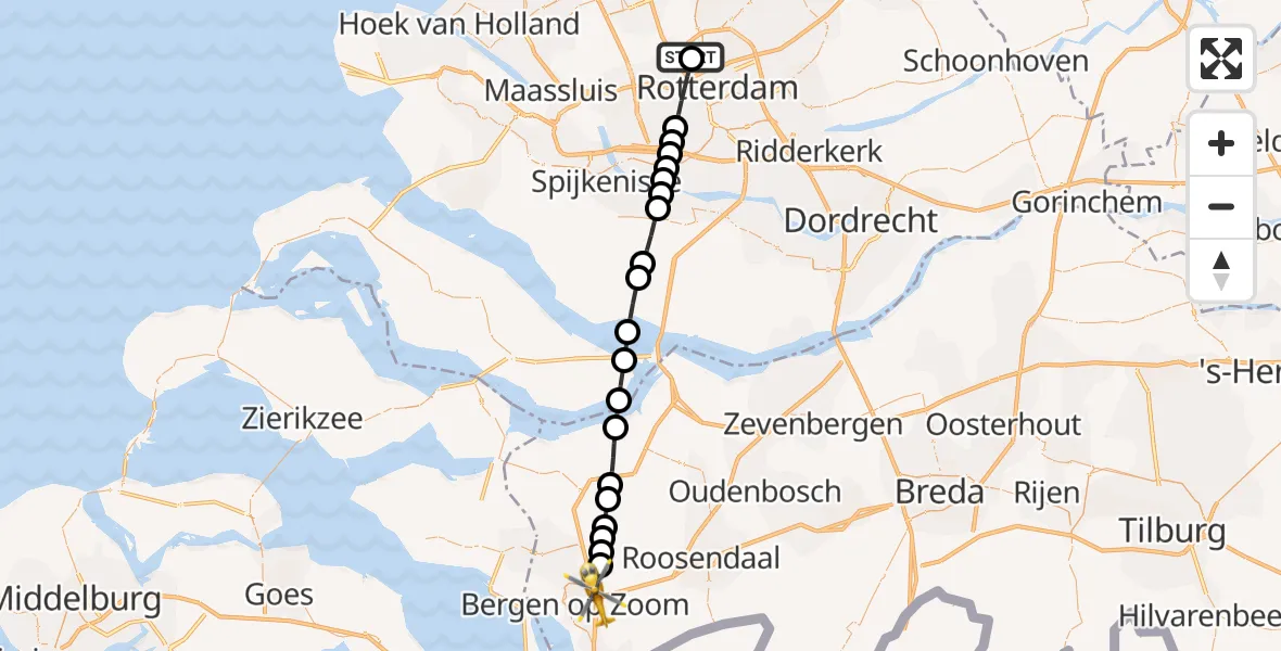 Vluchtroute Traumahelikopter van Rotterdam The Hague Airport naar Bergen op Zoom