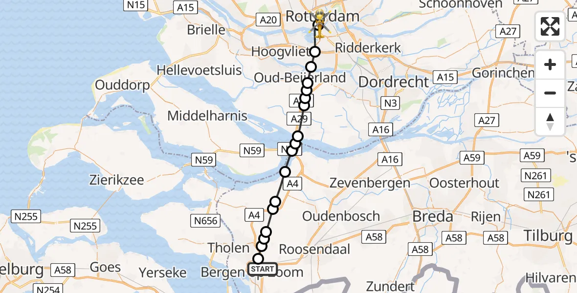 Vluchtroute Traumahelikopter van Bergen op Zoom naar Erasmus MC