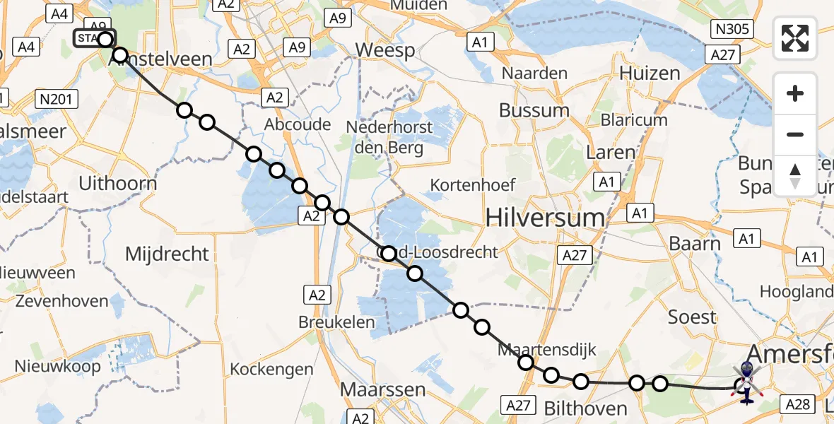 Vluchtroute Politiehelikopter van Amsterdam Vliegveld Schiphol naar Amersfoort