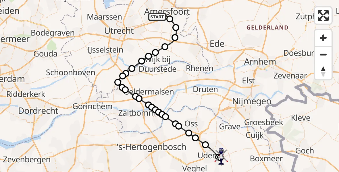 Vluchtroute Politiehelikopter van Amersfoort naar Vliegbasis Volkel