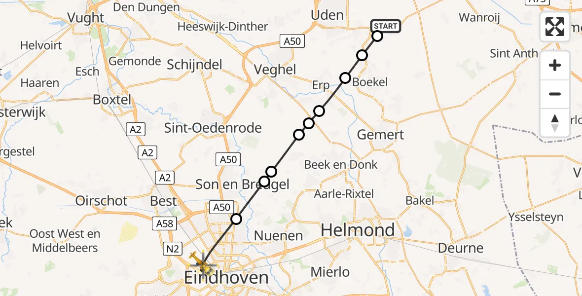Vluchtroute Traumahelikopter van Vliegbasis Volkel naar Eindhoven