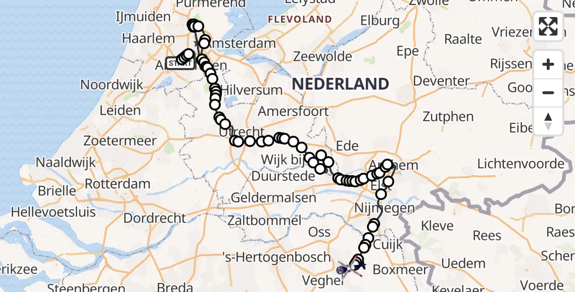 Vluchtroute Politiehelikopter van Amsterdam Vliegveld Schiphol naar Vliegbasis Volkel