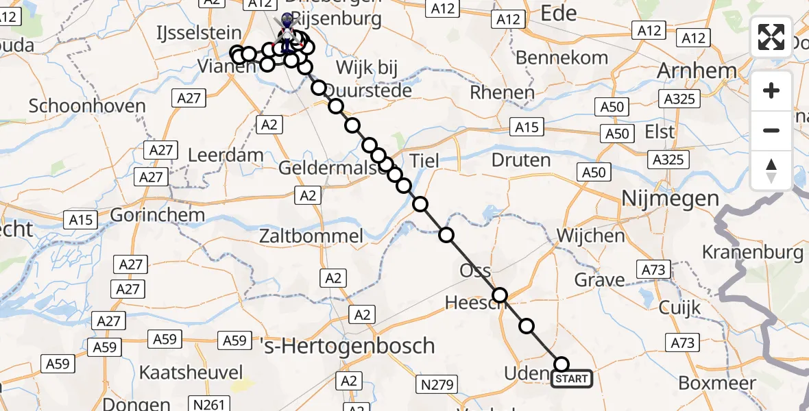 Vluchtroute Politiehelikopter van Vliegbasis Volkel naar Houten