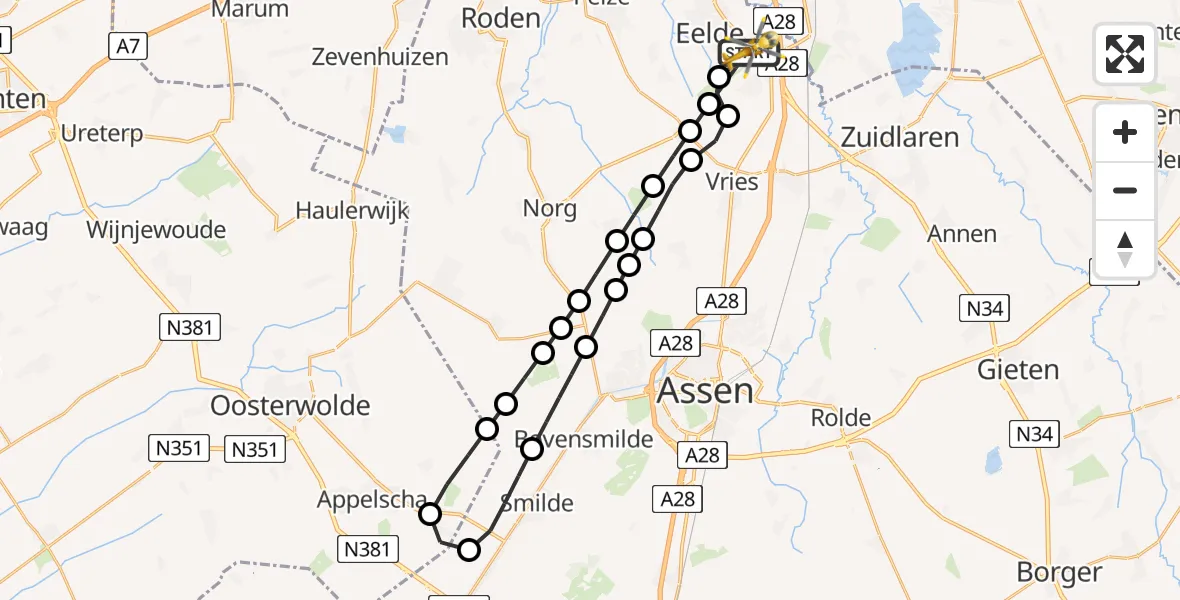 Vluchtroute Traumahelikopter van Groningen Airport Eelde naar Groningen Airport Eelde