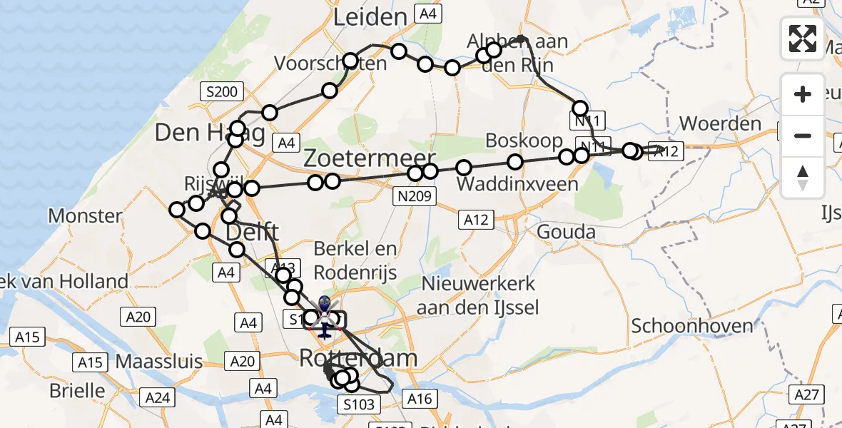 Vluchtroute Politiehelikopter van Rotterdam The Hague Airport naar Rotterdam The Hague Airport