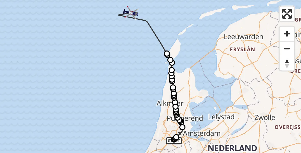 Vluchtroute Politiehelikopter van Amsterdam Vliegveld Schiphol naar Noordzee