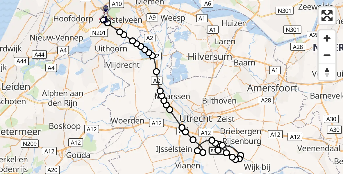 Vluchtroute Politiehelikopter van Houten naar Amsterdam Vliegveld Schiphol