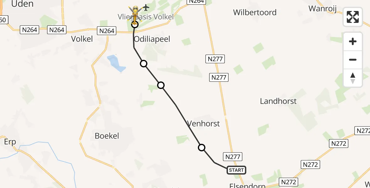 Vluchtroute Traumahelikopter van Elsendorp naar Vliegbasis Volkel