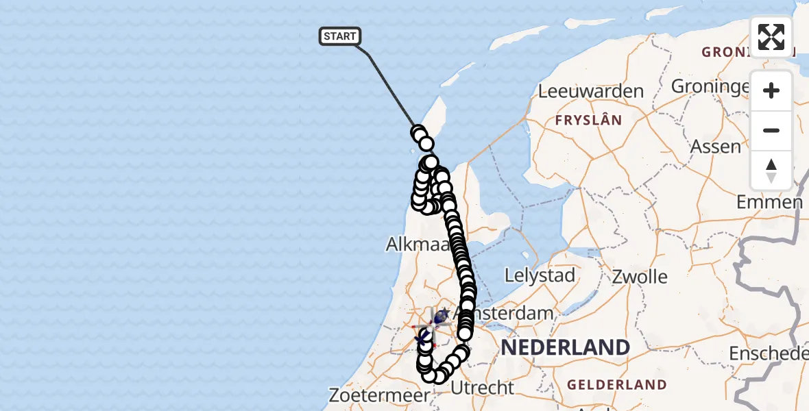 Vluchtroute Politiehelikopter van Noordzee naar Amsterdam Vliegveld Schiphol
